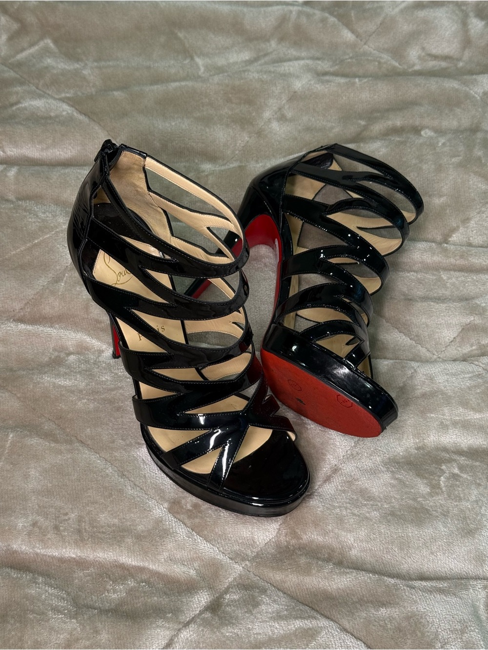 Christian Louboutin Black Patent Cage Platform Heels Size 40 Red Bottom Sandals